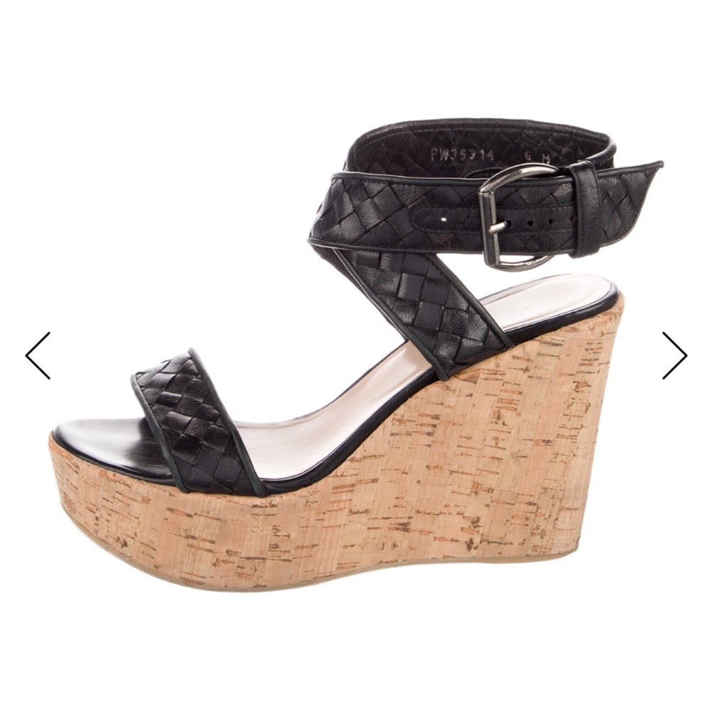 STUART WEITZMAN Black Leather Woven Ankle-Strap Cork Wedge Sandals size 6